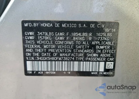 2015 Honda Fit Ex из США, поврежденный, VIN 3HGGK5H80FM738274